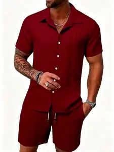 Men's 2-Piece Striped Print Short-Sleeve Button-Up Collared Shirt & Shorts Set, Regular Fit Casual Tropical Menswear, Summer Daily Wear Stylish Matching Set
