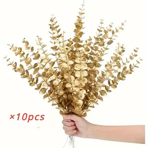 10-Piece Golden Eucalyptus Branches Suit-UV Resistant Simulated Leaves, Suitable for Home and Wedding Decoration, Perfect Spring Vase Filler and Desktop Embellishment
