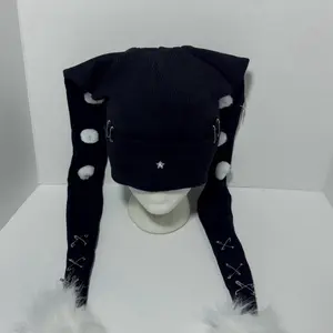 Jester Beanie with White Pom Poms and Stars Navy Blue Knit Hat for Festive Outfits