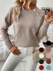 Women's Elegant Button-Detail Round Neck Long Sleeve Sweater, Casual Comfy Top Fitted Knitwear for Fall & Winter, Comfortable Medium Stretch Fabric