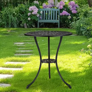 23.6" Round Cast Aluminum Patio Bistro Table with Umbrella Hole, Antique Design Dining Desk for Backyard, Garden, Porch, Pool, Balcony