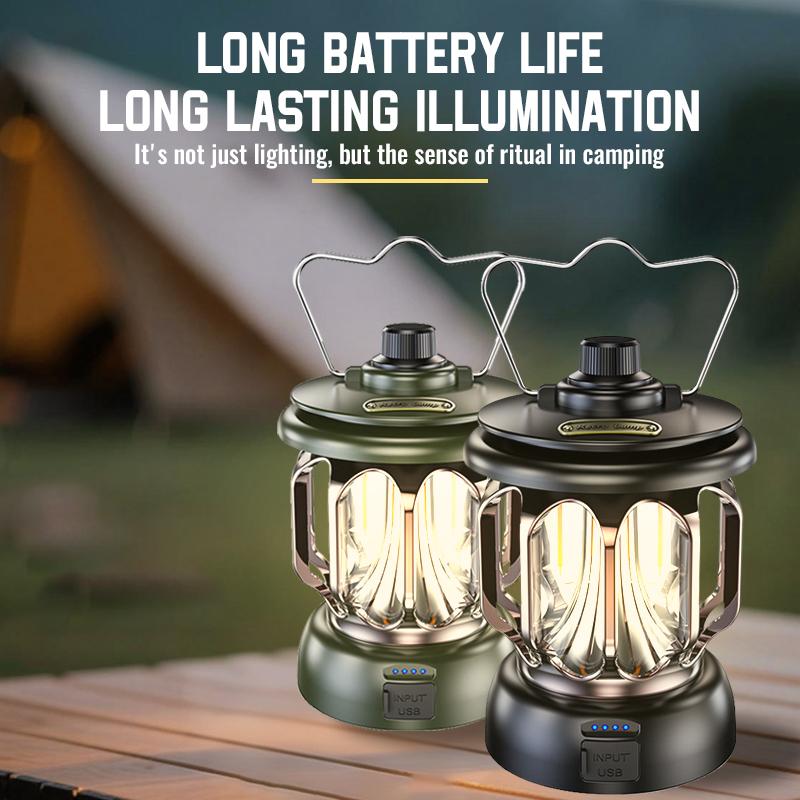 Vintage-style camping lamp, atmospheric portable lantern, flashlight with a metal hook for hanging, USB rechargeable with power output function, very suitable for fishing, household power outages, desktop lighting and emergency lighting