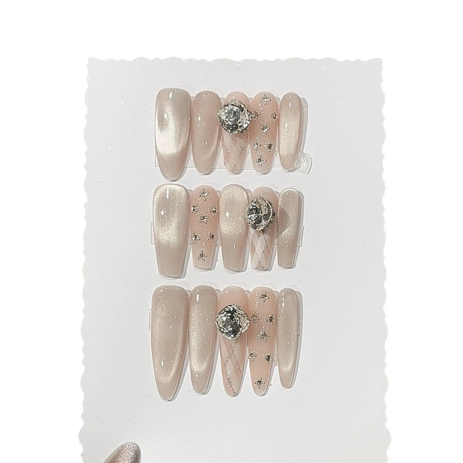 Reusable Long Acrylic Press-On False Nails, Checkered/Plaid Pattern, K9 Cubic Zirconia Accents, Gradient Halo Effect Nail Patches
