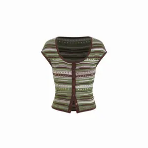 Cider Knit Scoop Neck Short Sleeve Pointelle Hollow Out Cardigan