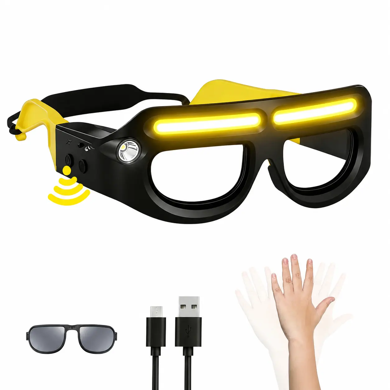 Rechargeable LED Headlamp Glasses, Motion Sensor & Hand-Wave Control, 5-Mode COB Lights with Dual Side Spotlights, USB-C Charging, IPX4 Waterproof, Lightweight Hands-Free Headlight for Camping, Motorcycle, Automotive Repairs familyfun