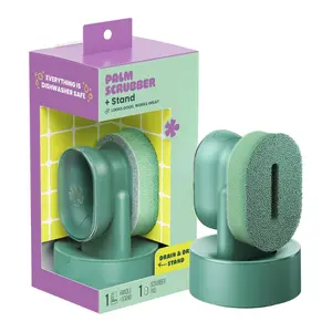 Degradable Kitchen Cleaning Sponge Tool - Comfortable Grip Palm Scrubber with Built-In Soap Dispenser, Drain-and-Dry Stand for Household Dishwashing