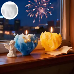 Heart Butterfly Detail Candle Mold, 3D Handheld Handmade Silicone Heart Shaped Mould, Reusable Safe Scentless Odorless Wax Making Tool, DIY Aromatherapy Decor for Home Valentine Wedding Gifts
