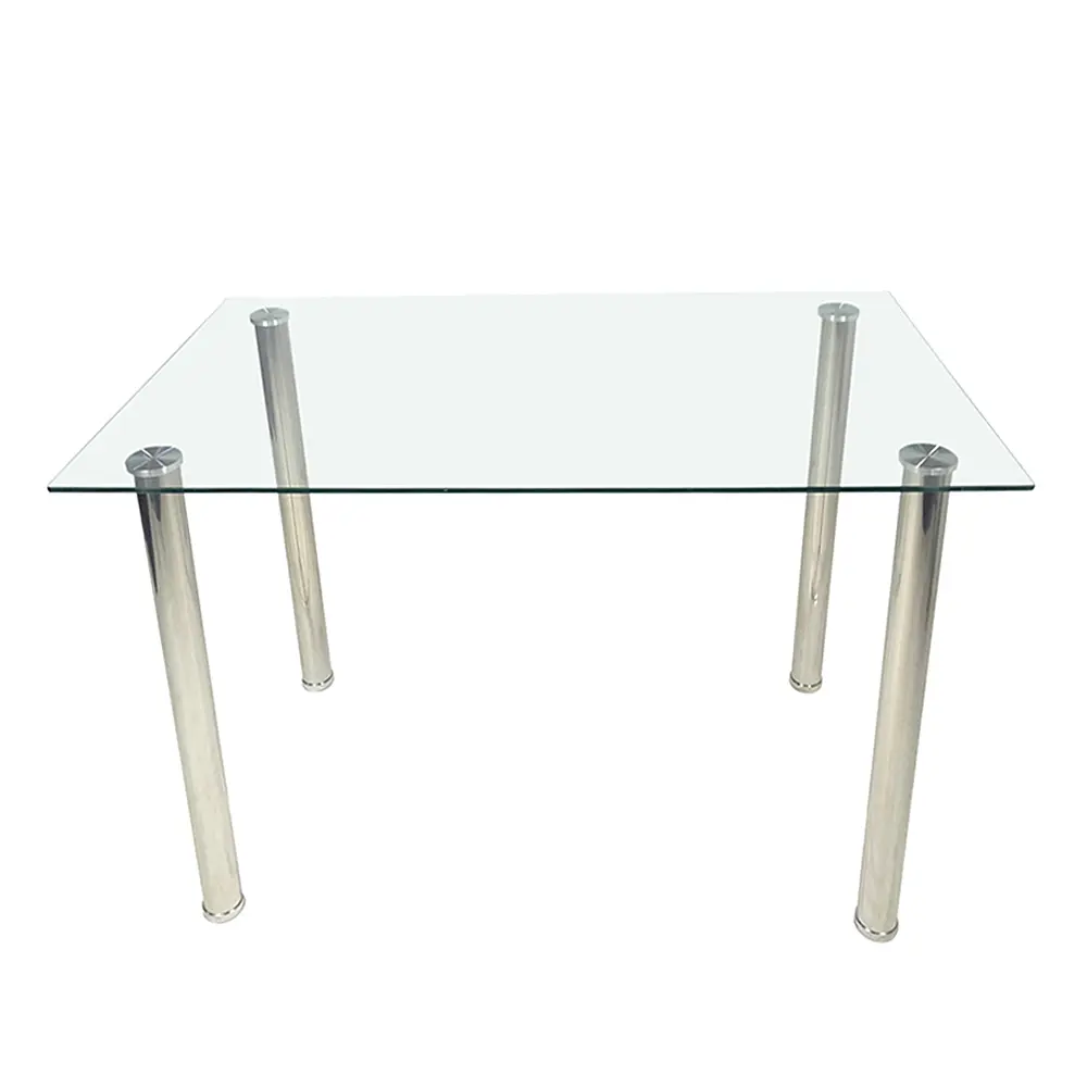 4-Seat Simple Rectangular Dining Table with Cylindrical Legs, Tempered Glass Top & Stainless Steel Frame, 110*70*73.5cm (Glass Dining Table for Indoor Furniture), Glass Dining Tables