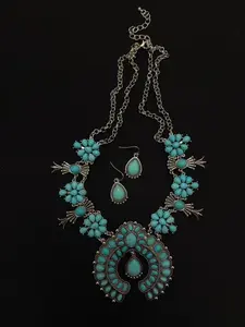 Southwestern Turquoise Style Squash Blossom Statement Necklace Set