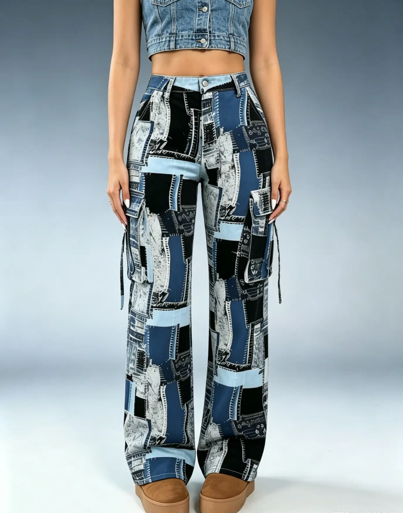 Women's High-Waist Patchwork Print Cargo Wide-Leg Jeans - Multi-Pocket Baggy Denim Bottoms, Casual Everyday Y2K Grunge Streetwear Womenswear