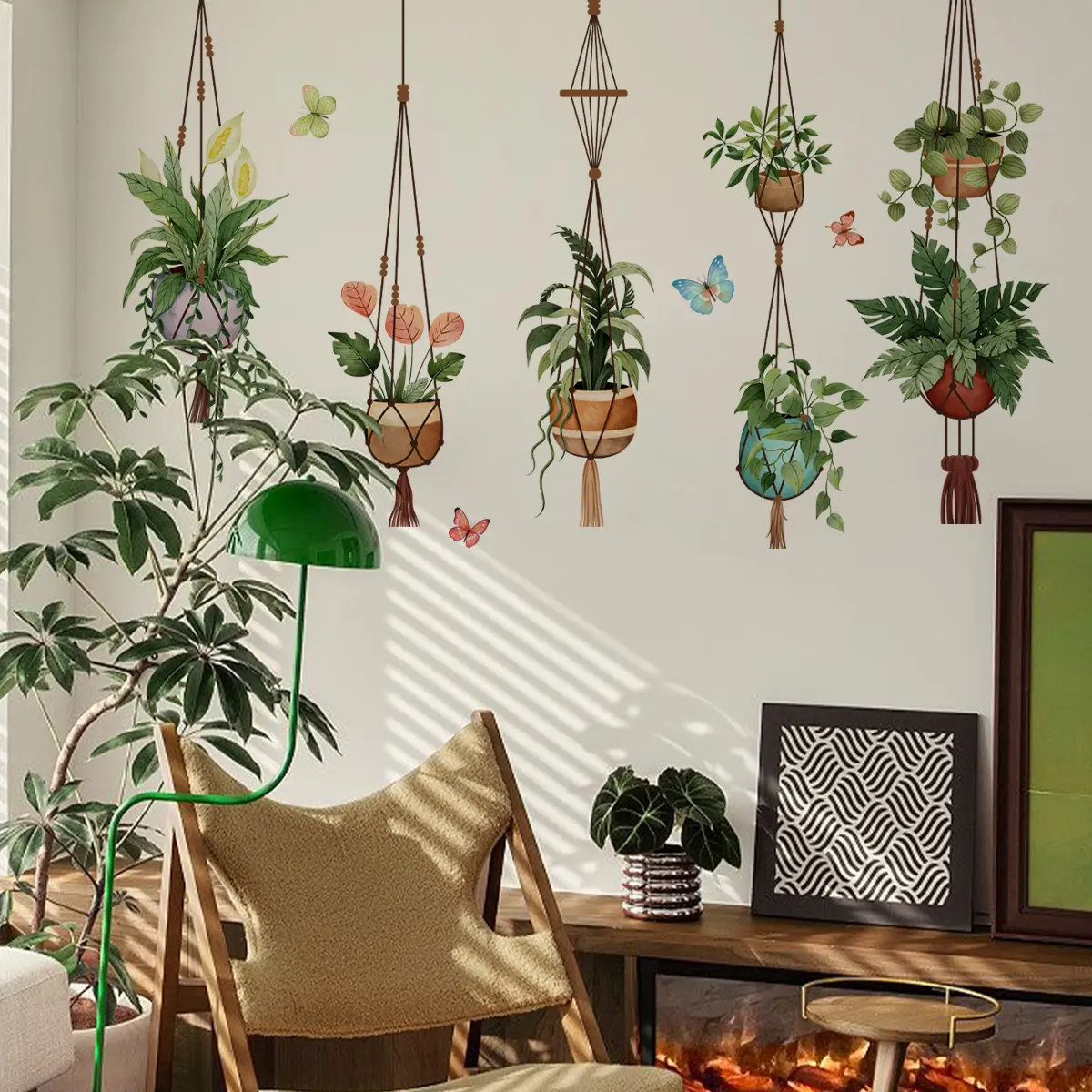 Green Hanging Potted Removable Decorative Vinyl Wall Stickers Plant Vine Wall Decals Peel and Stick Leaves Boho Wall Art Decor Home Decor Decoration Items for Living Room Bedroom Office