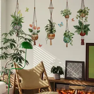 Green Hanging Potted Removable Decorative Wall Stickers Plant Vine Wall Decals Peel and Stick Leaves Boho Wall Art Decor for Living Room Bedroom Office