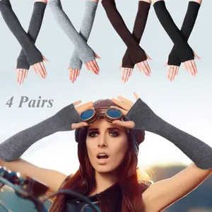 [4 Pairs Fingerless Knit Gloves] 4 Pairs Long Fingerless Knit Gloves,Solid Color Elastic Elbow Protective Gloves With Thumb Hole Winter Simple Warm Arm Covers