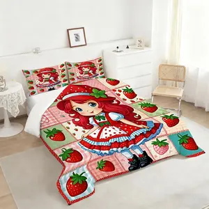 2/3Pcs Whimsical Strawberry-Themed Comforter Set, Cute Cartoon Girl Print Bedding Set, Cozy and Stylish Comforter for a Playful Bedroom Decor, Perfect for Kids and Teens! 1 or 2 Pillowcase No Pillow Core
