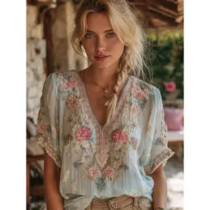 2D Women's Bohemian Style V-Neck Short Sleeve T-Shirt/Top |     Distressed color-blocked vintage 2D floral print shirt, loose fit, suitable for casual wear and holidays in spring/autumn, machine washable vacation top (T-shirt or shirt)