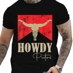 Howdy Putos Bull Skull Longhorn Cotton Tee Country Cowboy Western Graphic T-Shirt Men's Retro Crew Neck Top Unique Streetwear