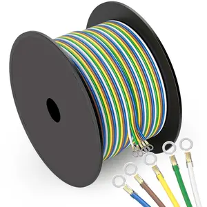 Enough Long 100FT 14 Gauge 5 Way Trailer Wire CCA Bonded Extension Cable, SAE J1128 Harness Trailer Color-Coded Primary Wire Spools for Trailer RV Camper Towing - Green/Yellow/Brown/White/Blue
