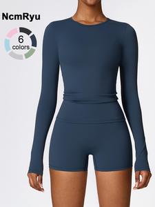 two-piece set women's patchwork high elastic soft quick-drying breathable long cuff round neck long sleeve high waist hip shorts yoga clothes suit four seasons outdoor running cycling walking shopping fashion suit gym sports training versatile long sleeve