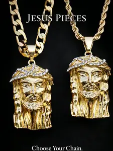 14K Gold Plated Jesus Face Pendant Chain Necklace Miami Cuban or Rope Torch 24" 4mm Religious Unisex Jewelry Piece with Cubic Zirconia Accents