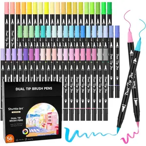 56 Pastel Colouring Brush Pens, Dual Tip Brush Markers with Fineliner Tip, Felt Tip Pens for Adults Colouring Books, Painting Sketching Calligraphy and Journaling