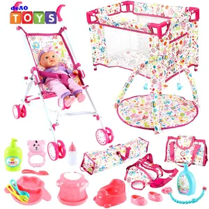 deAO Doll Stroller Nursery Role Play Set with a Variety of Feeding Toy and Play Mat Travel Cot Carrier Stroller and Travel Bag