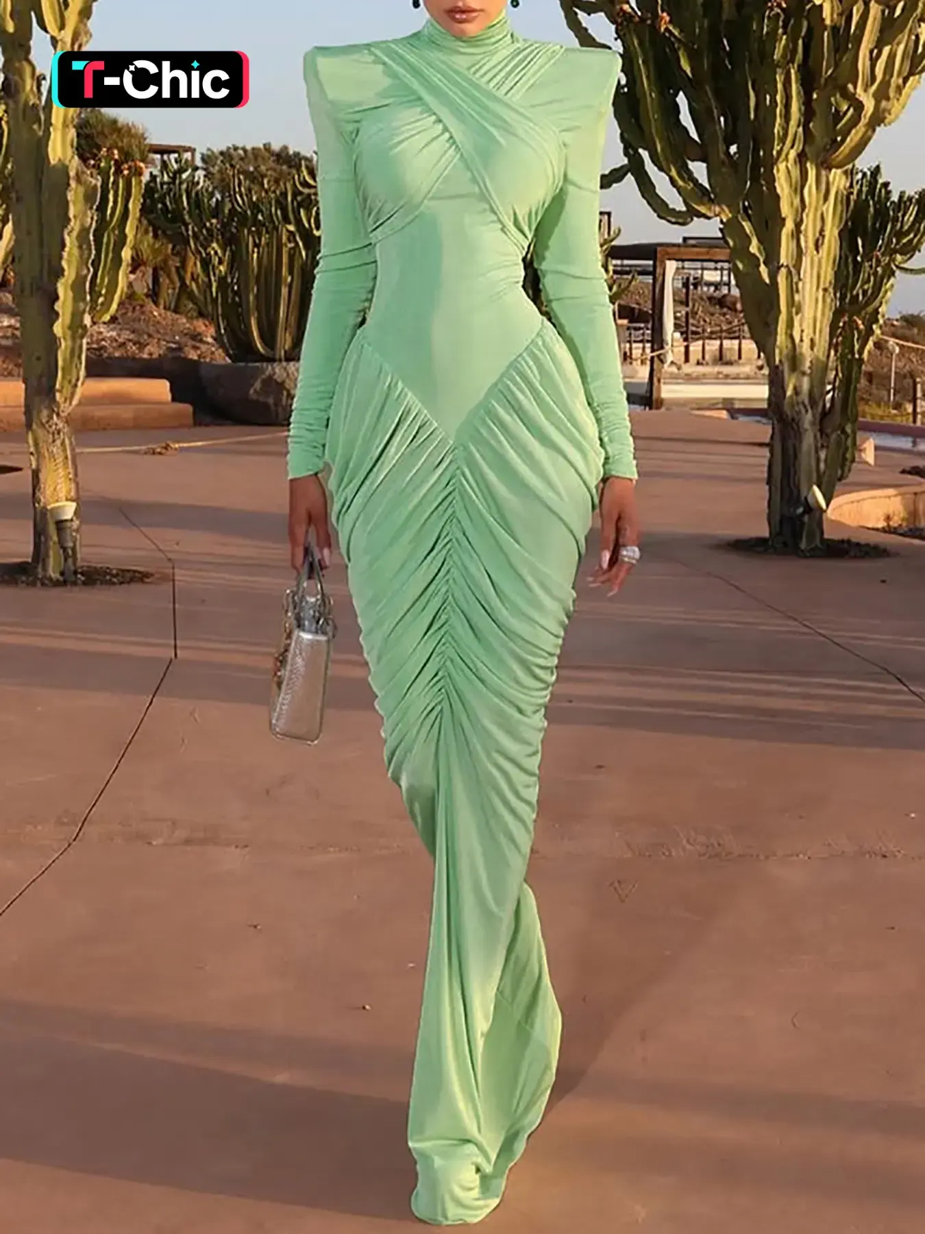 Women's High Neck Solid Color Wrinkled Long Sleeve Aesthetic Dress, Sexy Backless Evening Gown Slim Fit Elegance Party Formal Long Dresses, Casual Wear Lady for Autumn + Winter, Backless Fitted Dress