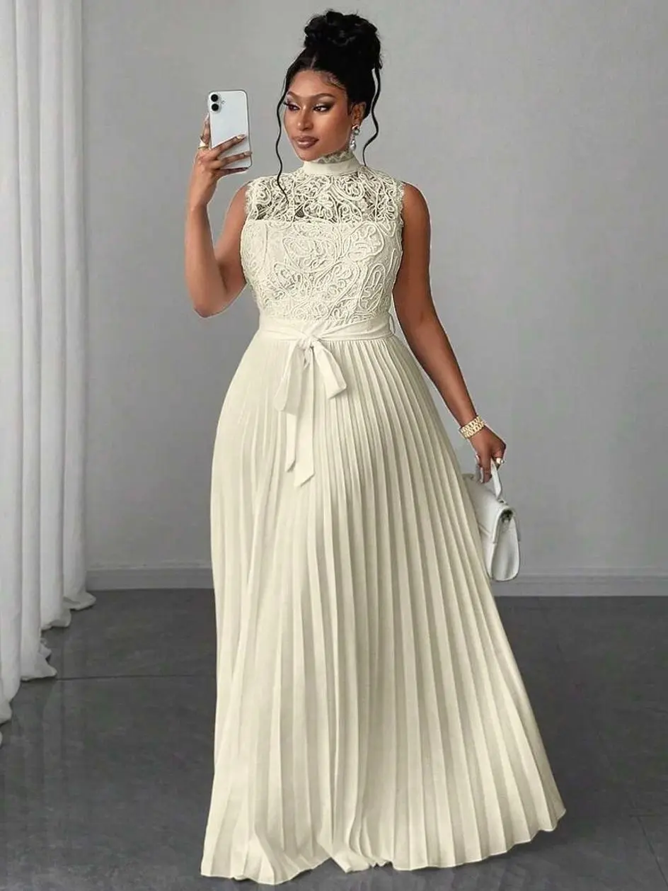 Plus Size Women Mandarin Collar Sleeveless Elegant Lace Pleated Waist Dress