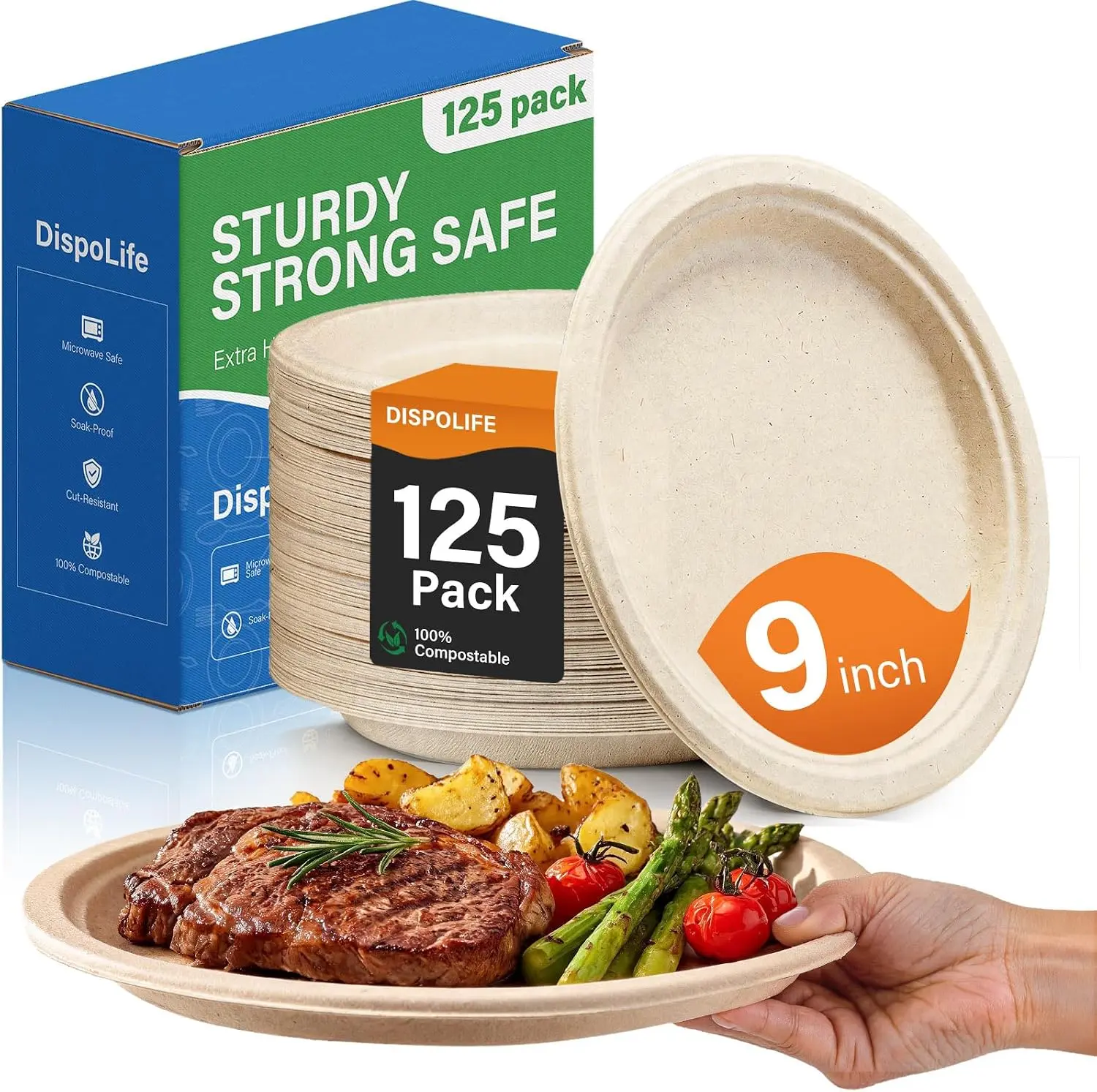 Compostable Paper Plates: 9 Inch 125 Pack Soak & Cut Proof Heavy Duty Paper Plates - Bagasse Biodegradable Eco Friendly Sugarcane Dinner Disposable Plates - Outdoor Birthday Parties - Natural Brown