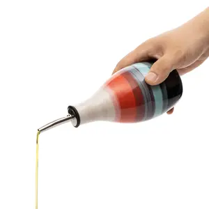 GUTE Cruet Ceramic Olive Oil & Vinegar Dispenser Bottle – Pottery Dressing Server – 400ml Condiment Cruet with Pourer Stopper – Kitchen Carafe for Cooking Ceramic Server 6" H 3" W Multicolored