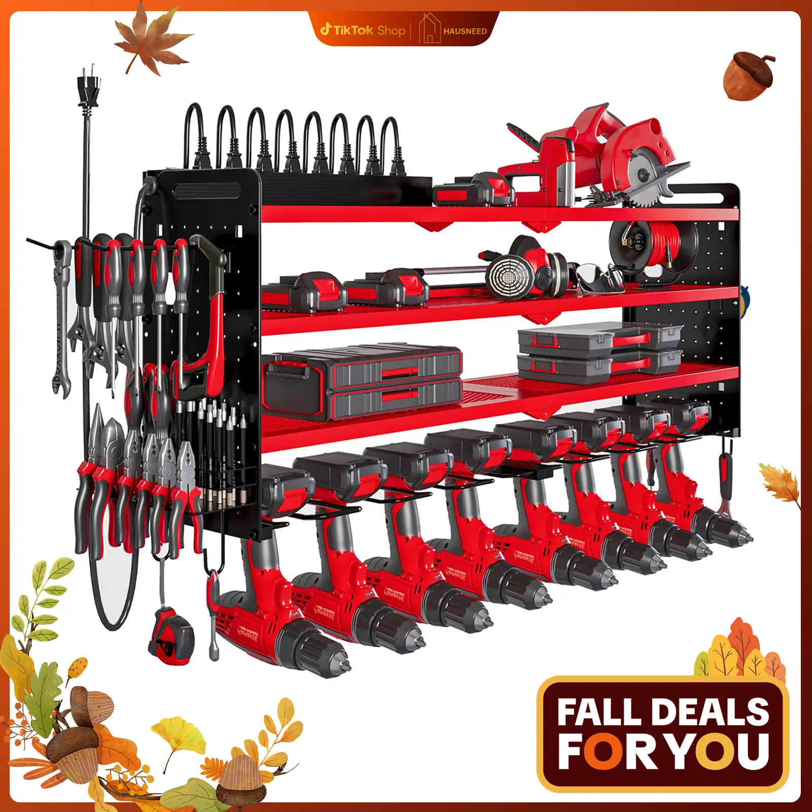 Hausneed-001 Power Tool Organizer with 8 Charging Stations Heavy Duty Garage Tool Shelving 8 Drill Holders Creator Recommendation Tool Rack Men's Gift