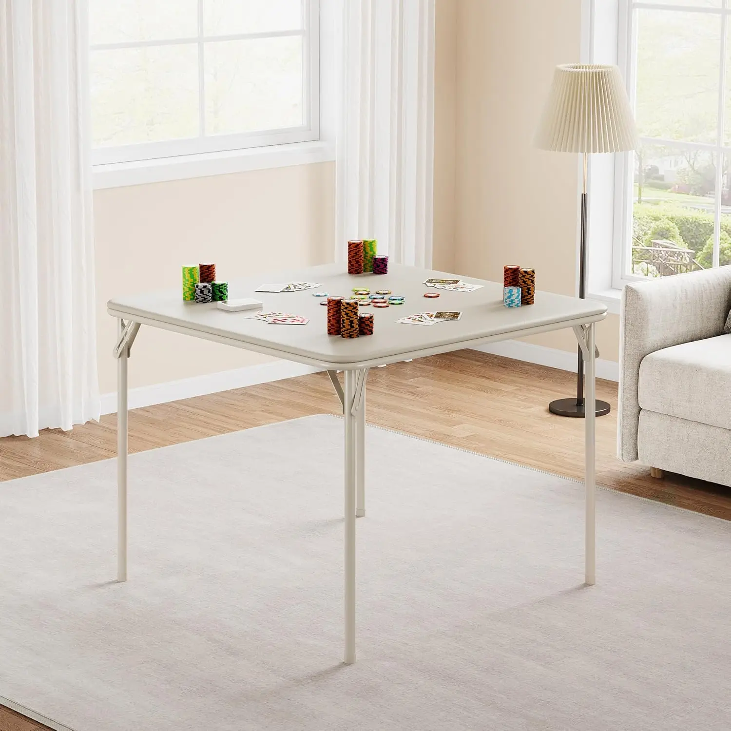 Folding Table, 33.6 Inch Folding Card Table, Portable Square Folding Table with PU Soft Cushion, Beige Metal Foldable Table Suitable for Living Room, Office, Bedroom(No Chair)