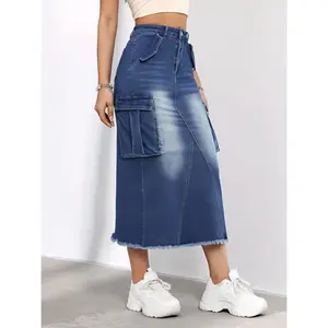 JUNBAOSS Women's Casual Stretch Mid Rise Long Denim Skirt with Cargo Pocket, Mid-Length Streetwear A Line Skirt, Slim Fit, Comfort Flex Waistband, Fashion Trend Design, Durable Materials, Zipper Fly, Minimalist Hipster Style