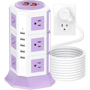 Tower Power Strip with Surge Protection |  12 AC Outlets + 5 USB Ports | 16AWG/ 15 Ft Extension Cord with Multiple Outlets | Space-Saving Design for Office & (1625W, 1050J)