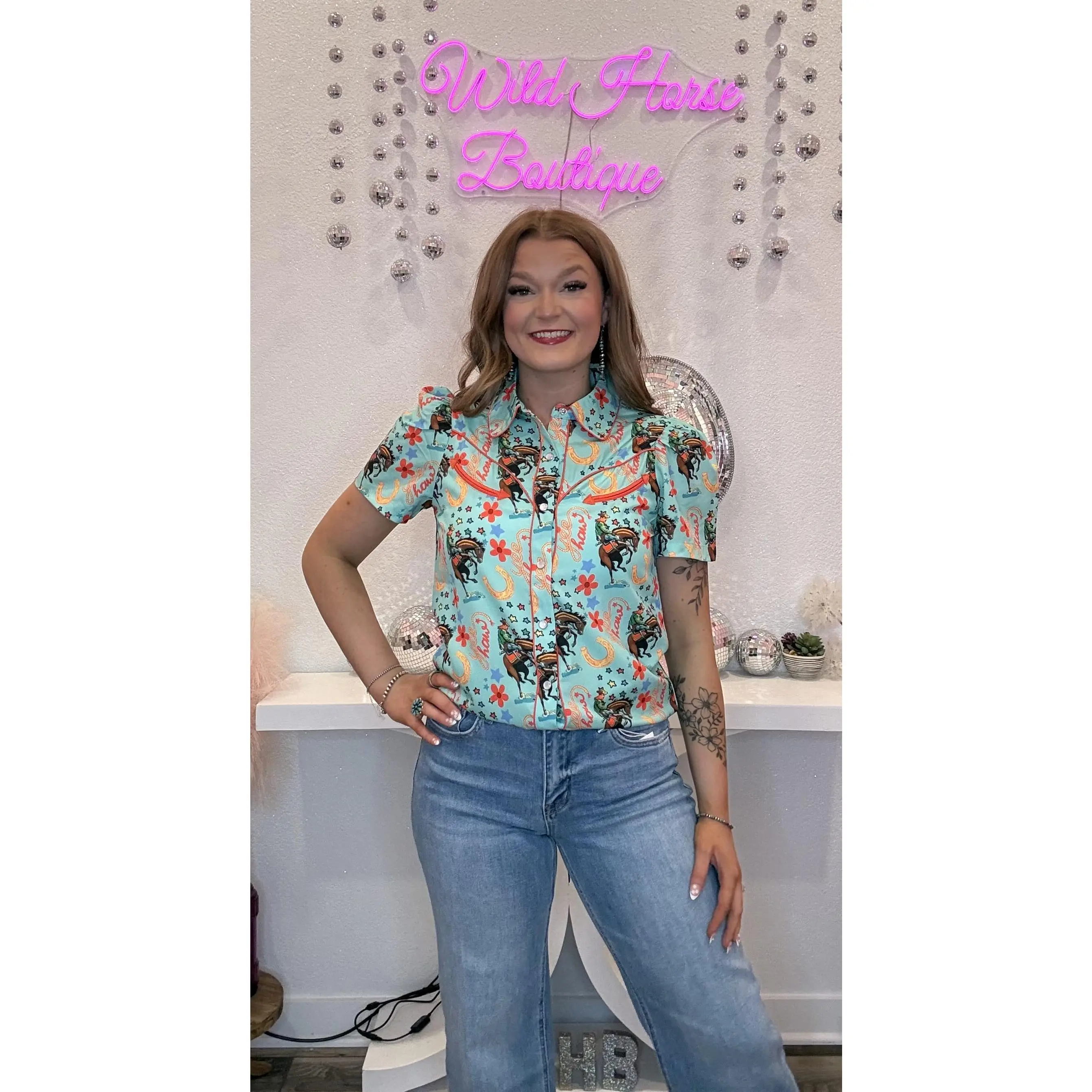 Turquoise Horseshoe & Cowboy Pearl snap Button Down Blouse
