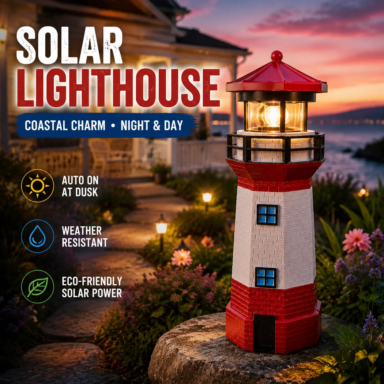 Solar Lighthouse Garden Light - Solar-Powered LED Outdoor Beacon, 360° Rotating Decorative Statue Lamp with Automatic Dusk-On for Backyard, Patio Home Improvement Lighting, Led Beacon