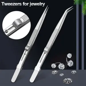 Non-Slip Jewelry Pliers and Clamp Set, Stainless Steel Tweezers with Sharp Tips and Grooved Clips, Adjustable Sliding Lock for Gemstones and Diamonds