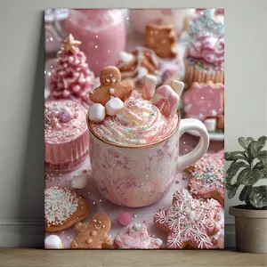 2D FLAT1 Piece Comic Style Christmas Dessert Art Print - 12x16inch Pink Pastel Hot Chocolate and Cookie Scene Wall Decoration, Sugar Cubes, Gingerbread, and Candy Canes - Cozy Winter Kitchen, Cafe, or Festive Home Decor -  (Easy to Hang/Adhere),