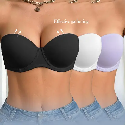 Ecomilky Women's Wireless Bandeau Bra Set (3-Pack) - Polyester Nylon Fabric, 1/2 Coverage, Anti-Chafe Strapless, Detachable Adjustable Straps, Body Shaping, Comfortable Women's Underwear, Hand Wash, Everyday Use, All Seasons Strapless Corset Bra Strapless