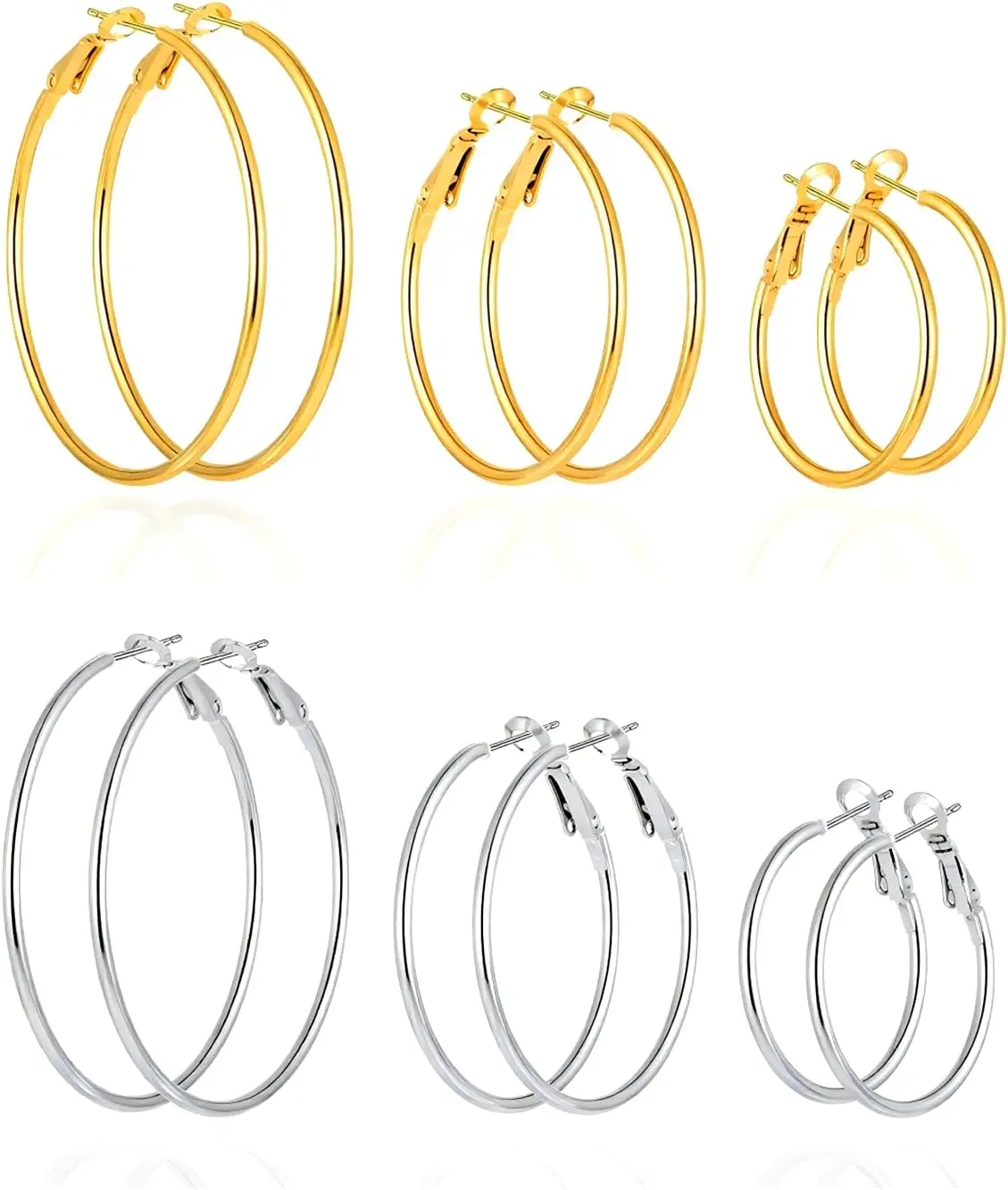 Women's 6-Pair 14K Gold-Plated & Silver Hoop Earrings Set, 316 Hypoallergenic Stainless Steel, Lightweight 30/40/50mm Large & Small Hoops