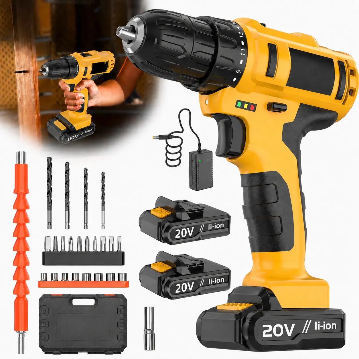 20V Cordless Drill Set with 3/8" Keyless Chuck, 2-Speed Control,   Compact   designed 18+1 Torque Settings, Battery Display, Drill Bits, Driver Bits, Sockets, Charger,  Household Tools  and Carrying Case for Home DIY(Yellow&&Pink)