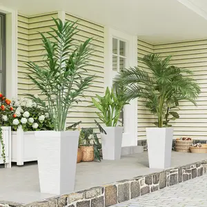 22.8 Inch Set of 3 Outdoor Planters with Stone Finish and Wheels, Stackable Tapered Planters with Drainage Hole, White