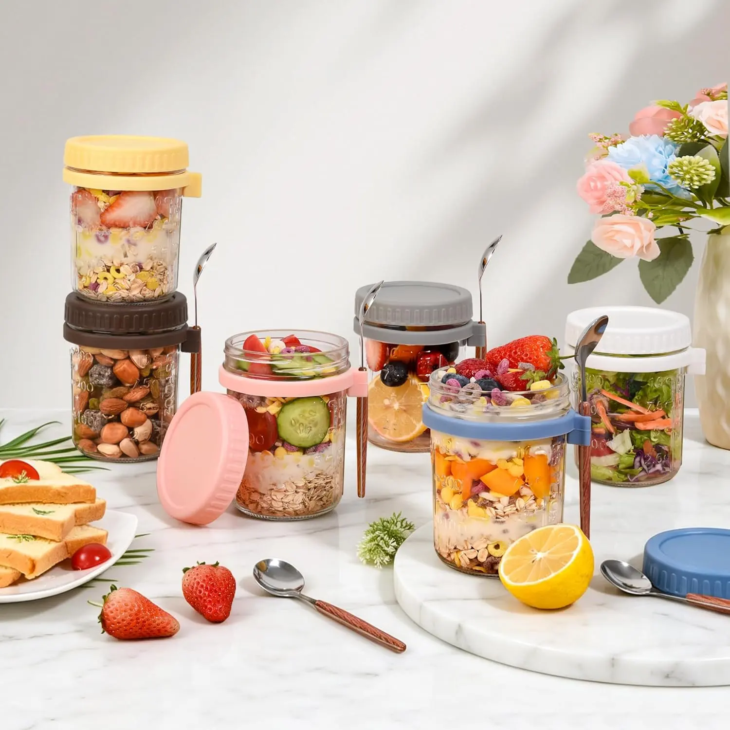 Glass Overnight Oats Containers with Lids & Built-in Spoon Clip, 350ml Wide Mouth Airtight Glass Mason Jars, Leakproof Fridge Storage Vessel for Yogurt Cereal Salad Smoothie Meal Prep, Soft Pink Matte White Neutral Gray Available