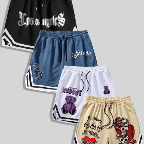 Men's Cartoon Bear & Letter Print Drawstring Waist Shorts, Regular-Fit Sporty Casual Contrast Trim Pocket Straight Leg Shorts for Summer, Men's Clothing for Daily Wear, Shorts With Pockets