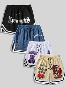 men's cartoon bear & letter print drawstring waist shorts, regular fit casual contrast trim pocket straight leg shorts menswear for summer, men's clothing for daily wear fitment, shorts for men, men's shorts， sportswear