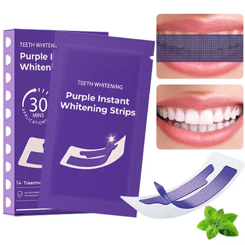 Purple Teeth Whitening Strips - 14 Packets (2 Strips/Pack), 14-Day/28 Sessions, 30-min Quick Whiten, Enamel-Safe, Non-Sensitive, Peroxide-Free, Non-Slip Dry Tech - At Home Dental Care for Radiant Bright Smile & Color Correction#backtoschool