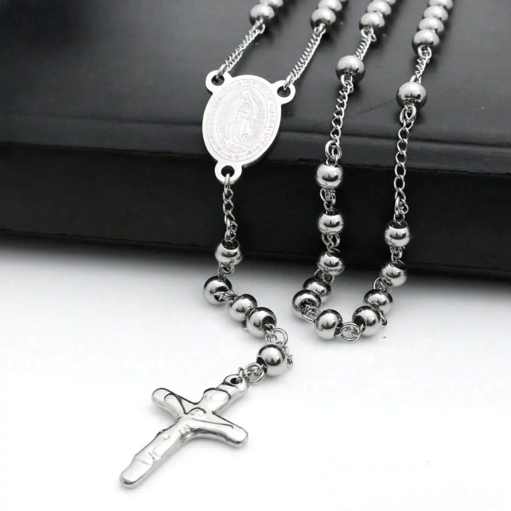 Stainless Steel 6mm Beads Virgin Mary Cross Rosary Necklace For MEN 54+9cm Chain Jewelry Gifts