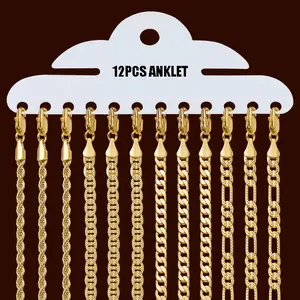 MaxBling81 12PC Assorted Women's 14K Stamped Brass Anklets, 10" Rope, Mariner, Cuban, Figaro Chains, Fashion Jewelry (AK-123)