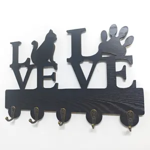Wooden Cat Theme Love Wall Mounted Key Rack/hook Holder, Home Organizer Hook, DIY Assembly with 5 Hooks, Decorative Home Accessory for Cat Lovers