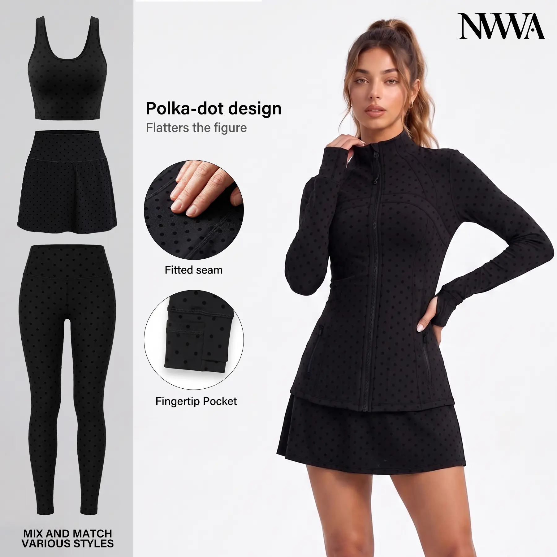 Womens Workout Sets Slim-fit Polka-dot Jacket, Pair with Tank Top or Short Skirt or Trousers Crafted from Breathable Stretchy Nylon and Spandex Fabric,Quick-drying and Breathable, Suitable for Outdoor Sports such as Tennis tiktokshopbacktoschool