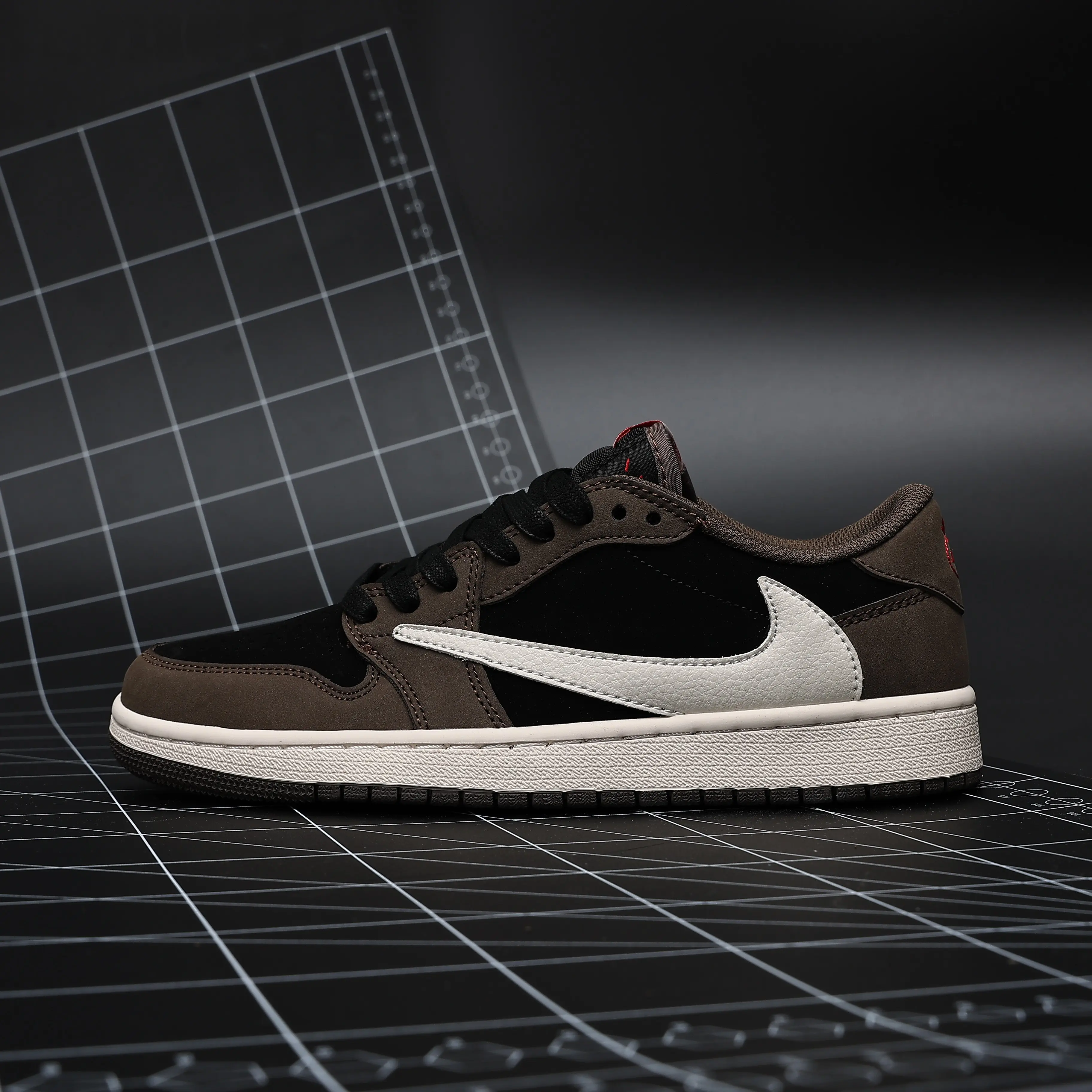 Retro basketball shoes built with premium suede and smooth leather, dark chocolate‑brown and black upper with off‑white accents, perforated toe panels, perfect for trendy dark‑toned daily street‑wear outfits.